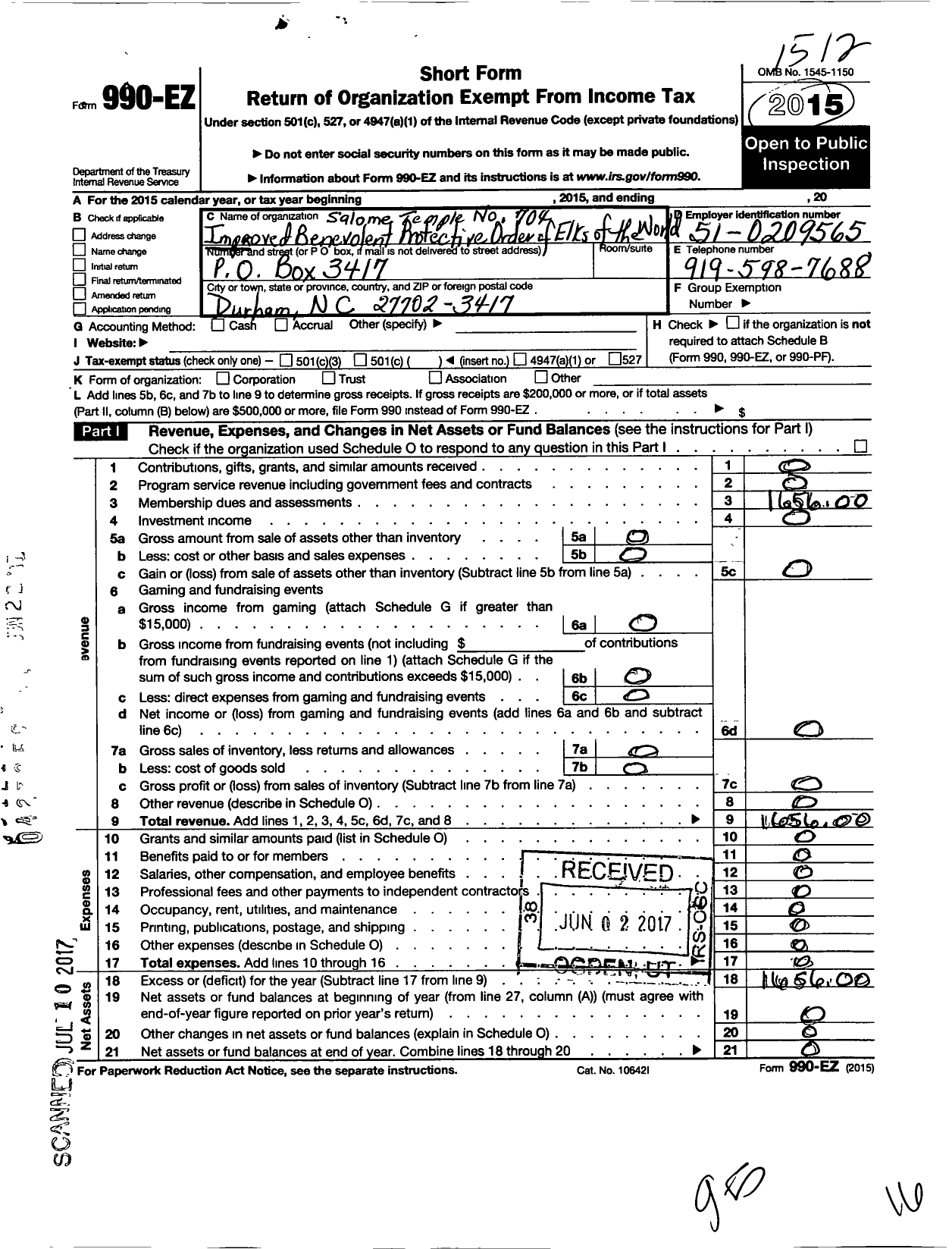 Image of first page of 2015 Form 990EO for Improved Benevolent and Protective Order of Elks of the World - 704 Salome Temple