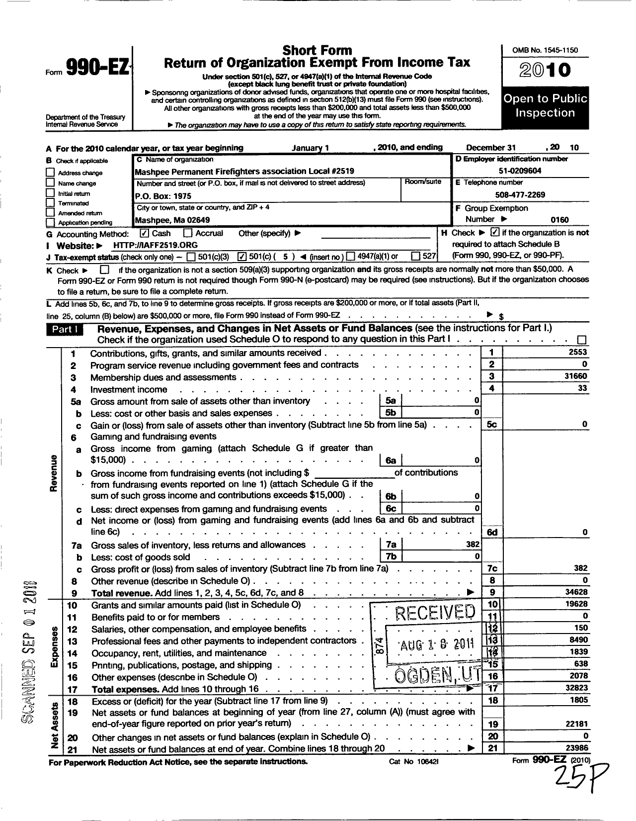 Image of first page of 2010 Form 990EO for International Association of Fire L2519 Mashpee