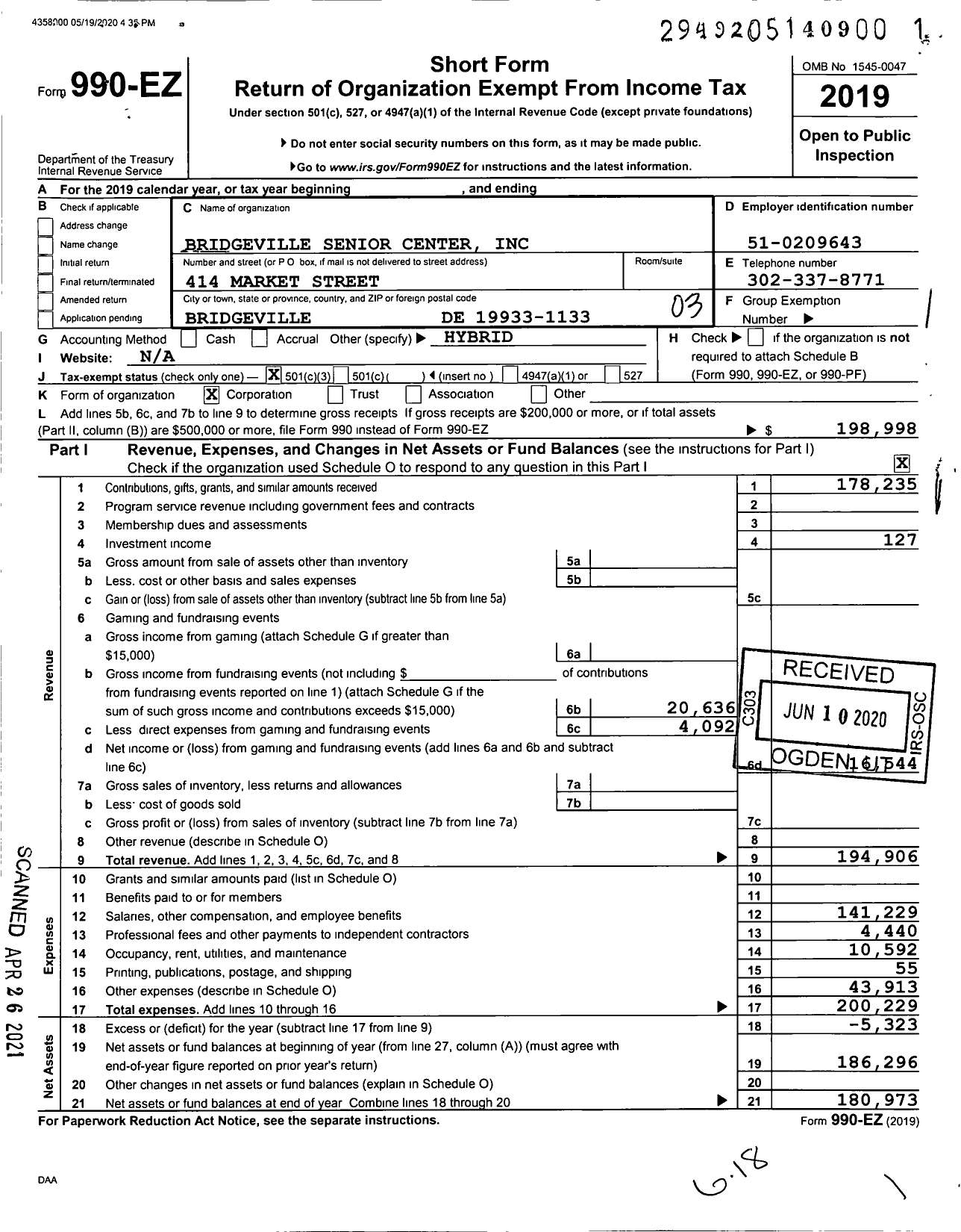 Image of first page of 2019 Form 990EZ for Bridgeville Senior Center