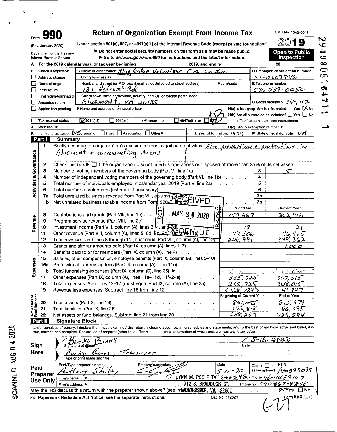 Image of first page of 2019 Form 990 for Blue Ridge Volunteer Fire