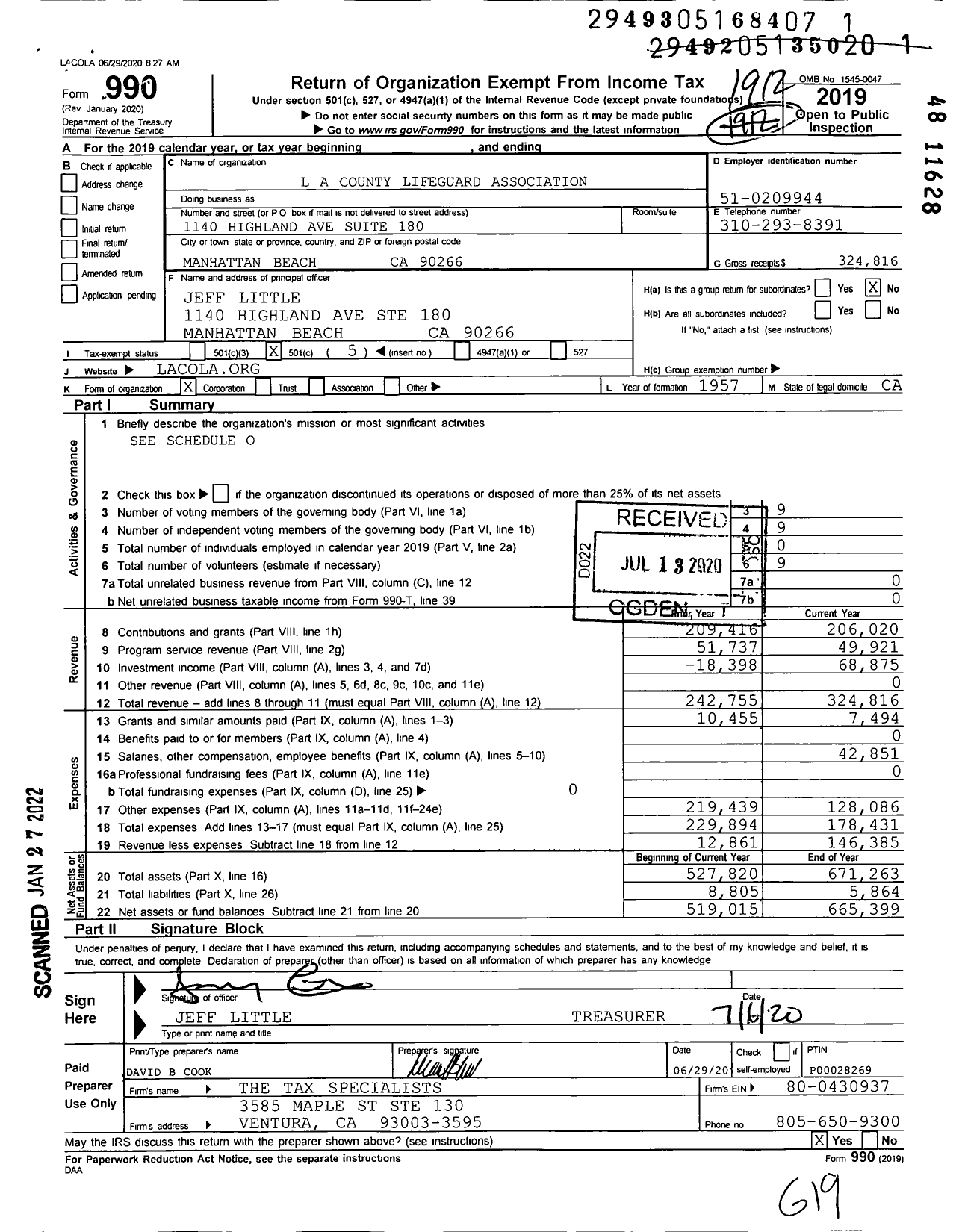 Image of first page of 2019 Form 990O for Los Angeles County Lifeguard Association