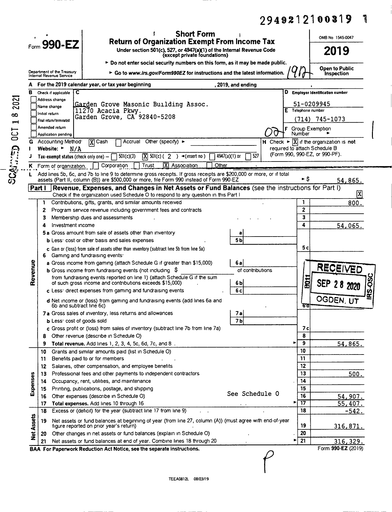 Image of first page of 2019 Form 990EO for Garden Grove Masonic Building Assoc