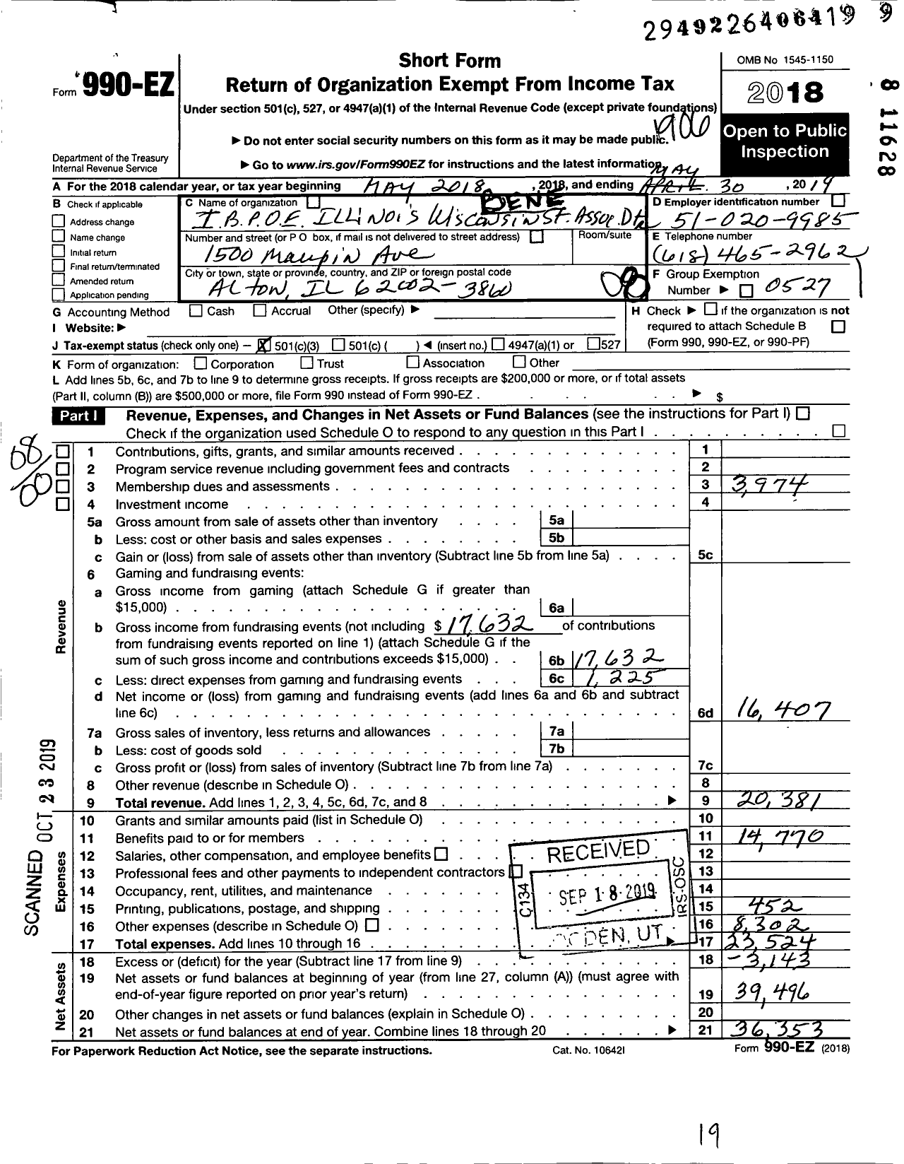 Image of first page of 2018 Form 990EO for Improved Benevolent and Protective Order of Elks of the World - Il Wi St Assn BPOE