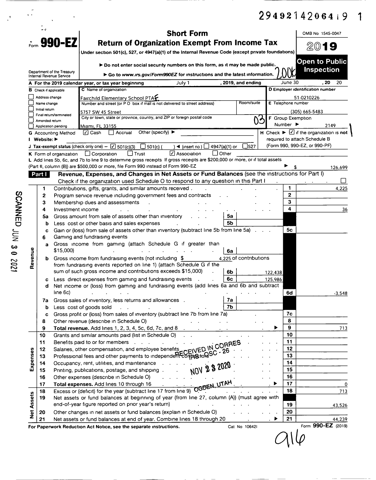 Image of first page of 2019 Form 990EZ for PTA FLORIDA CONGRESS - David Fairchild Elementary PTA