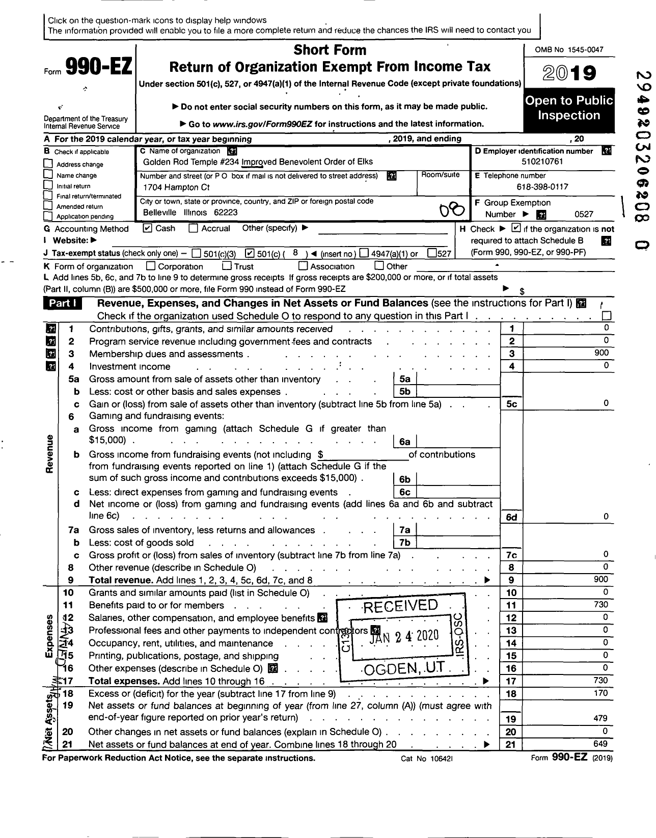 Image of first page of 2019 Form 990EO for Improved Benevolent and Protective Order of Elks of the World - 234 Golden Rod Temple