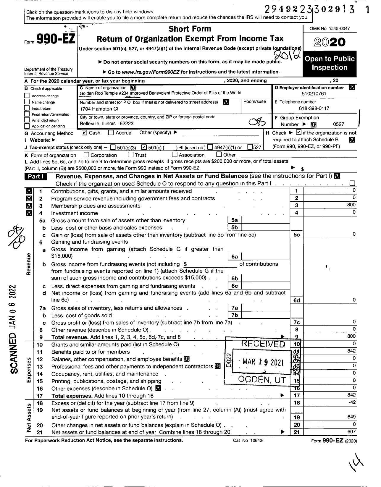 Image of first page of 2020 Form 990EO for Improved Benevolent and Protective Order of Elks of the World - 234 Golden Rod Temple