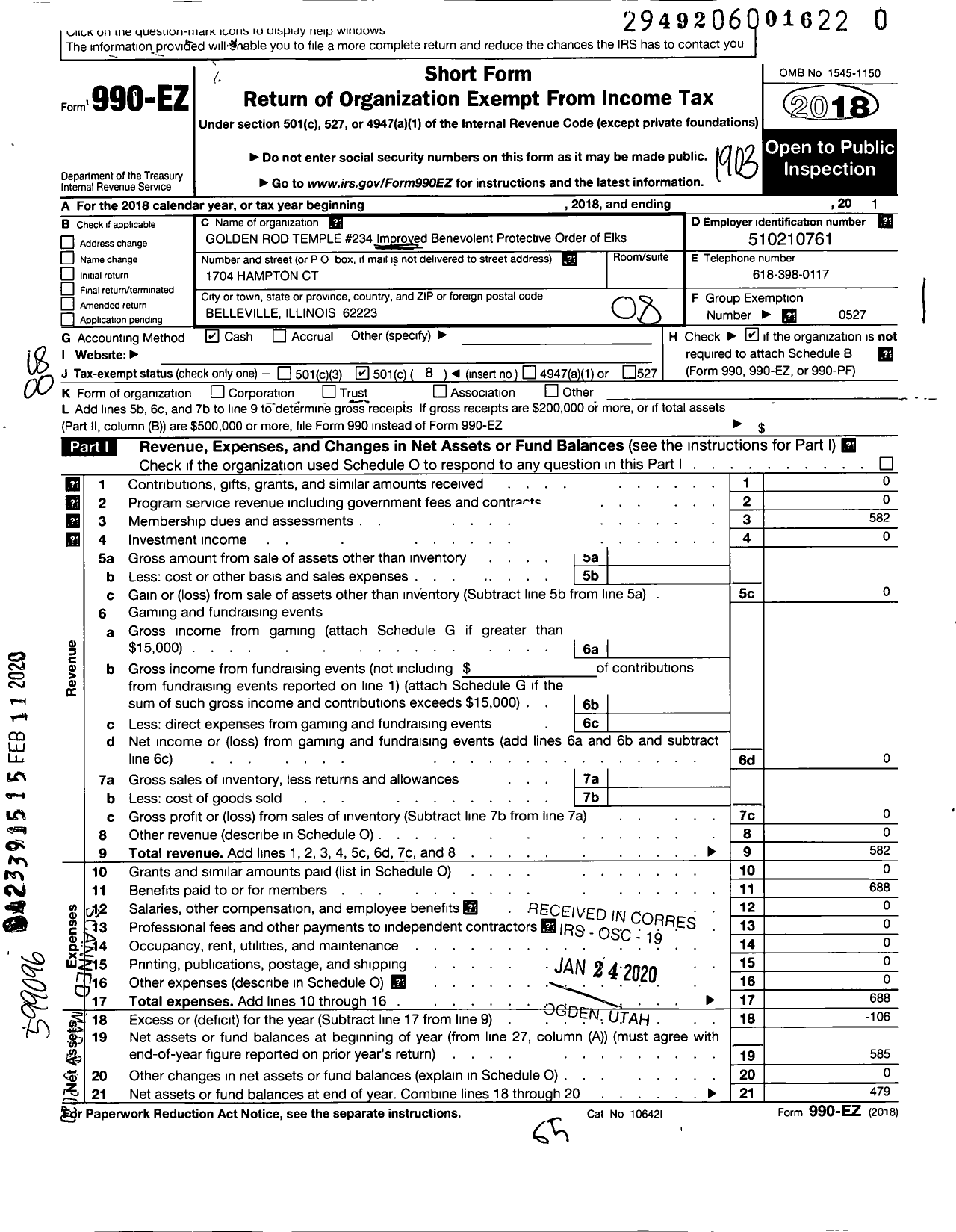 Image of first page of 2018 Form 990EO for Improved Benevolent and Protective Order of Elks of the World - 234 Golden Rod Temple