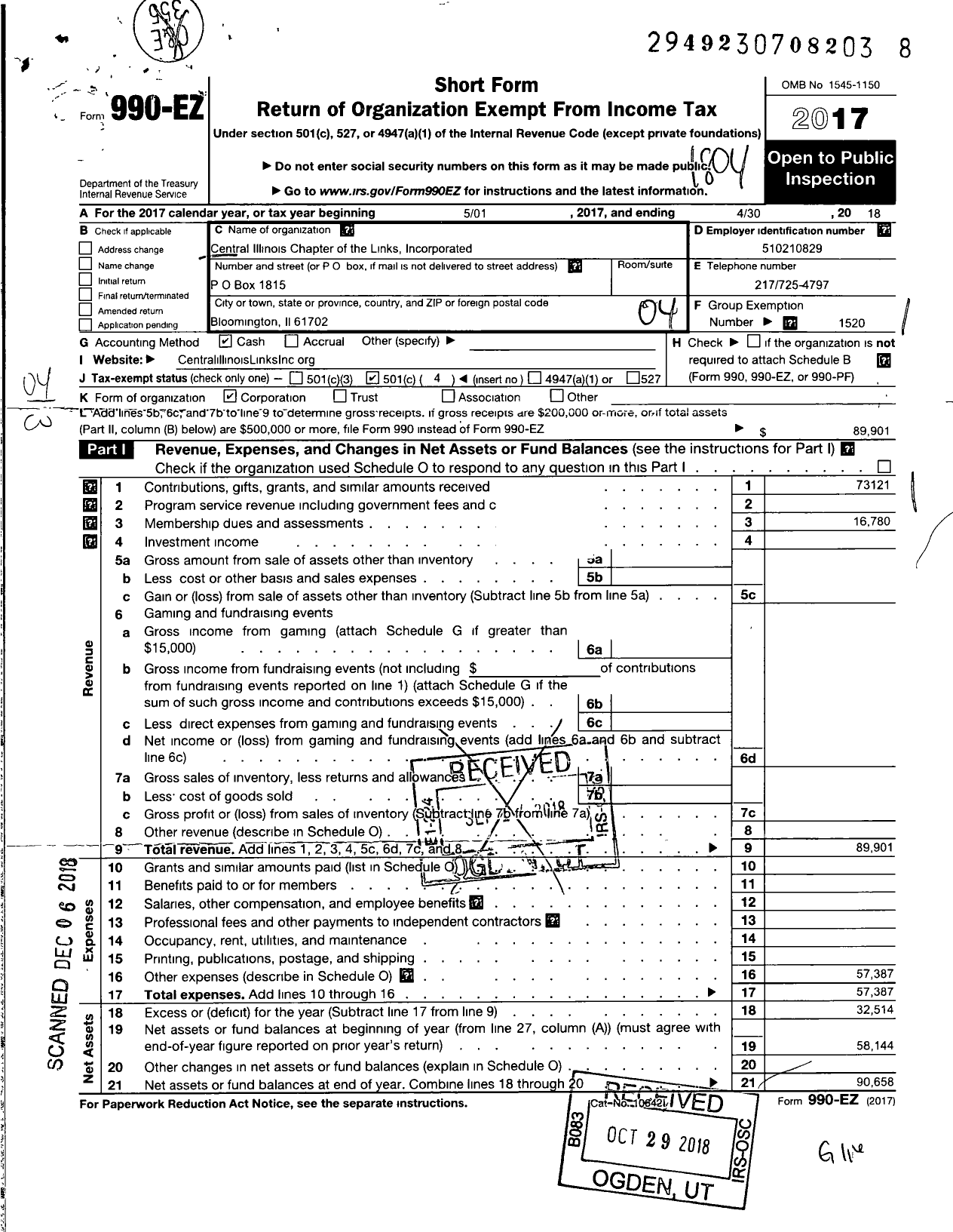 Image of first page of 2017 Form 990EO for Central Illinois Chapter of the Links Incorporated