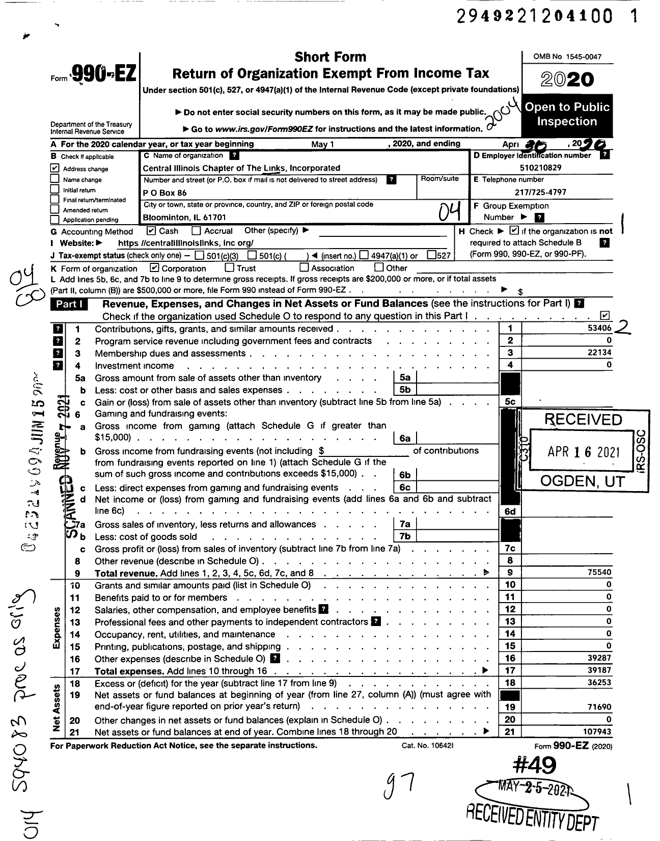 Image of first page of 2019 Form 990EO for Central Illinois Chapter of the Links Incorporated