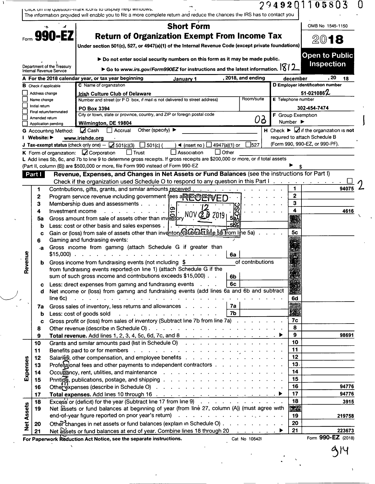 Image of first page of 2018 Form 990EZ for Irish Culture Club of Delaware