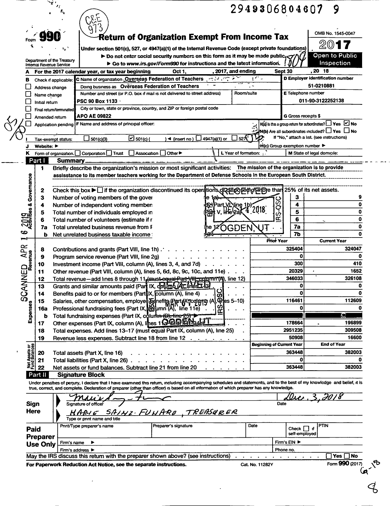 Image of first page of 2017 Form 990O for American Federation of Teachers - Overseas Federation of Teachers