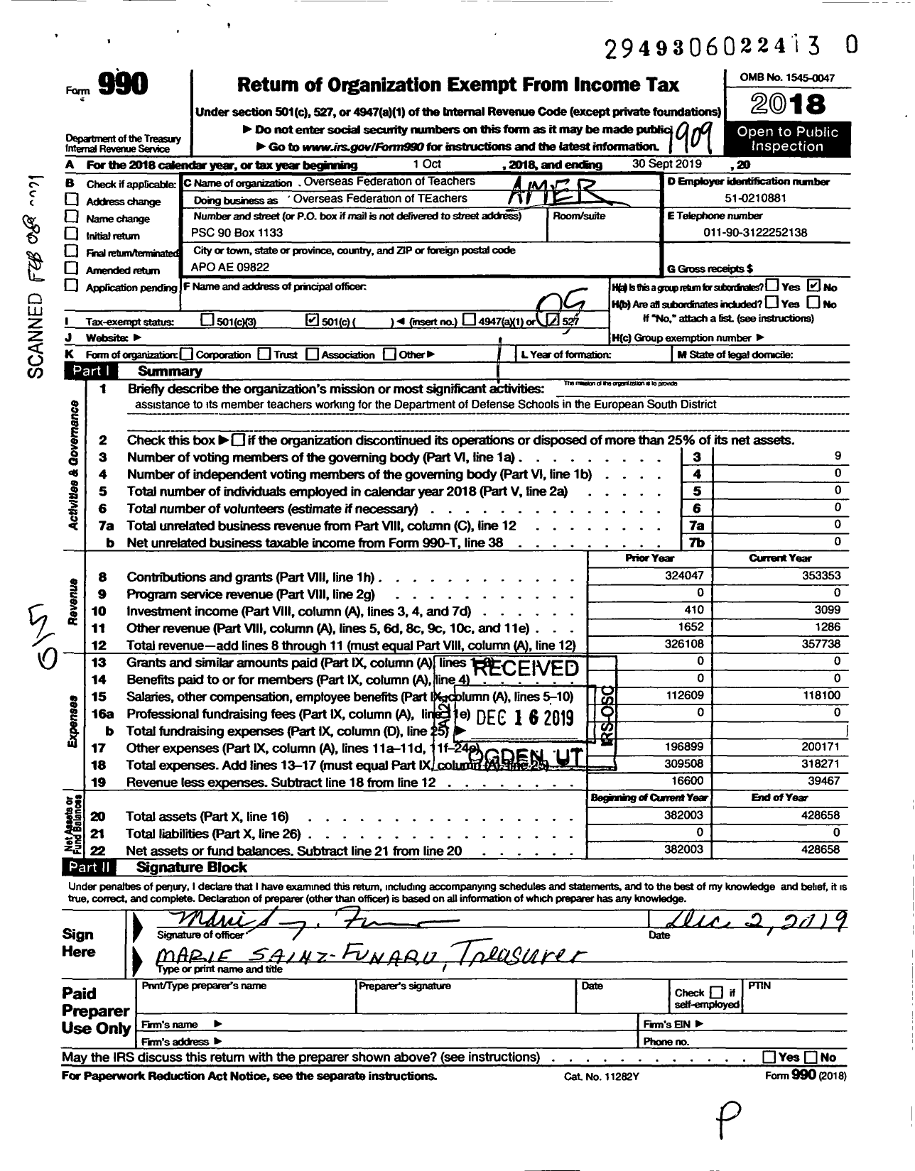 Image of first page of 2018 Form 990O for American Federation of Teachers - Overseas Federation of Teachers