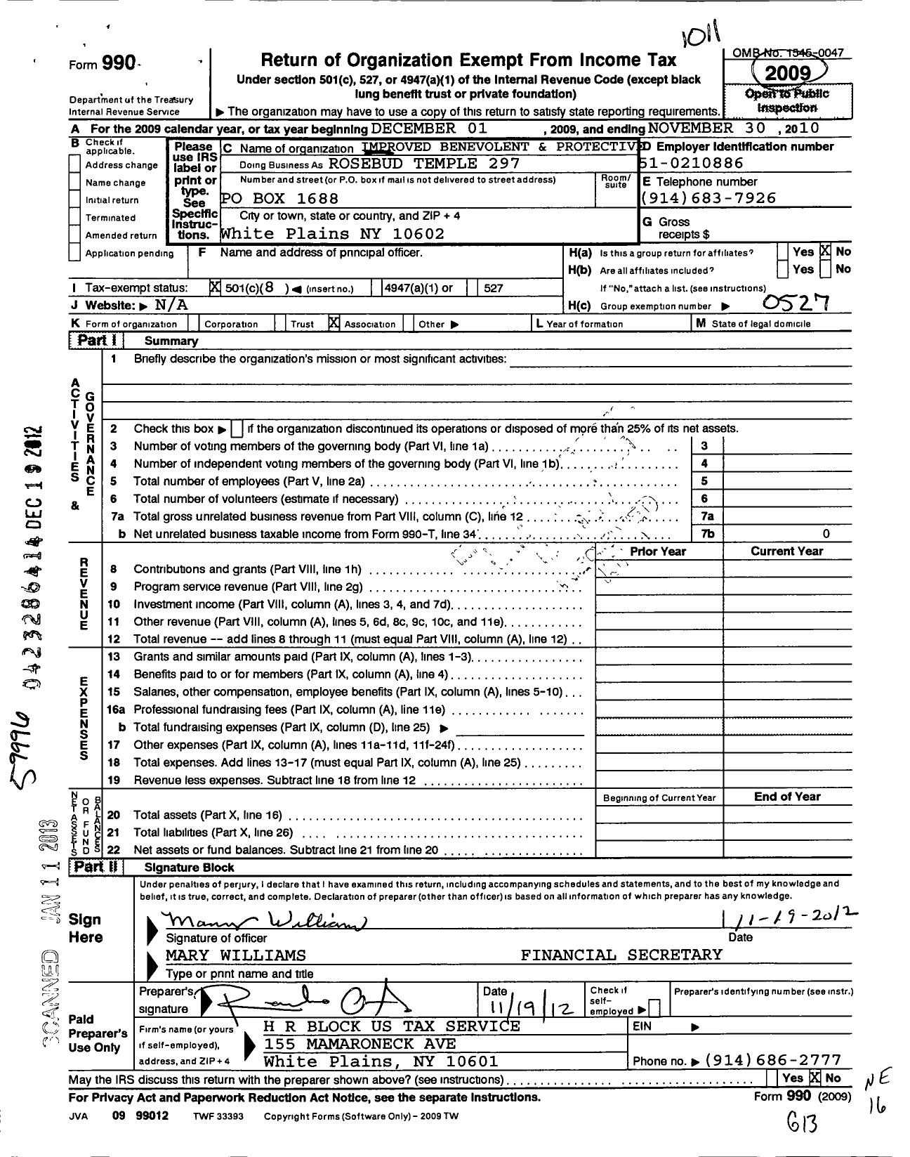 Image of first page of 2009 Form 990O for Improved Benevolent and Protective Order of Elks of the World - Rosebud Temple 297