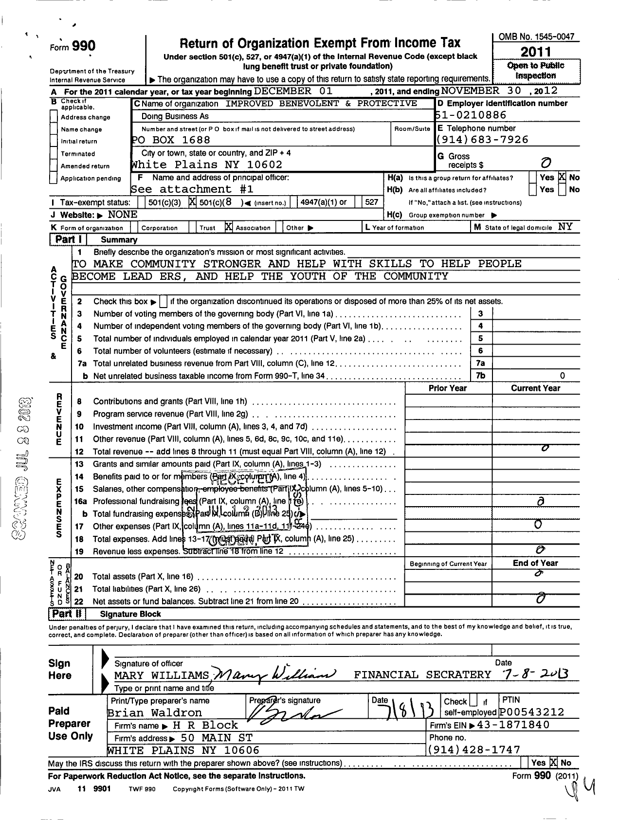 Image of first page of 2011 Form 990O for Improved Benevolent and Protective Order of Elks of the World - Rosebud Temple 297