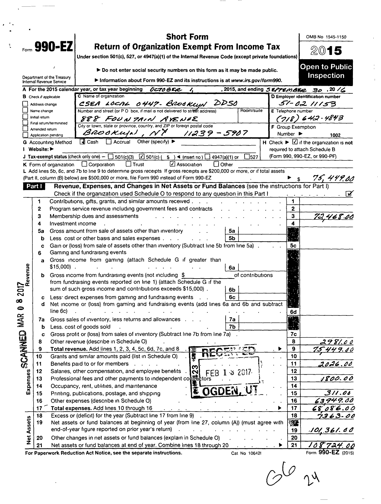 Image of first page of 2015 Form 990EO for Civil Service Employees Association - 0447 Brooklyn Developmental Center