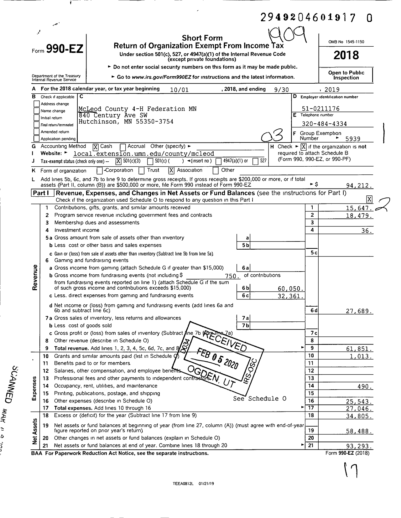 Image of first page of 2018 Form 990EZ for McLeod County 4-H Federation MN