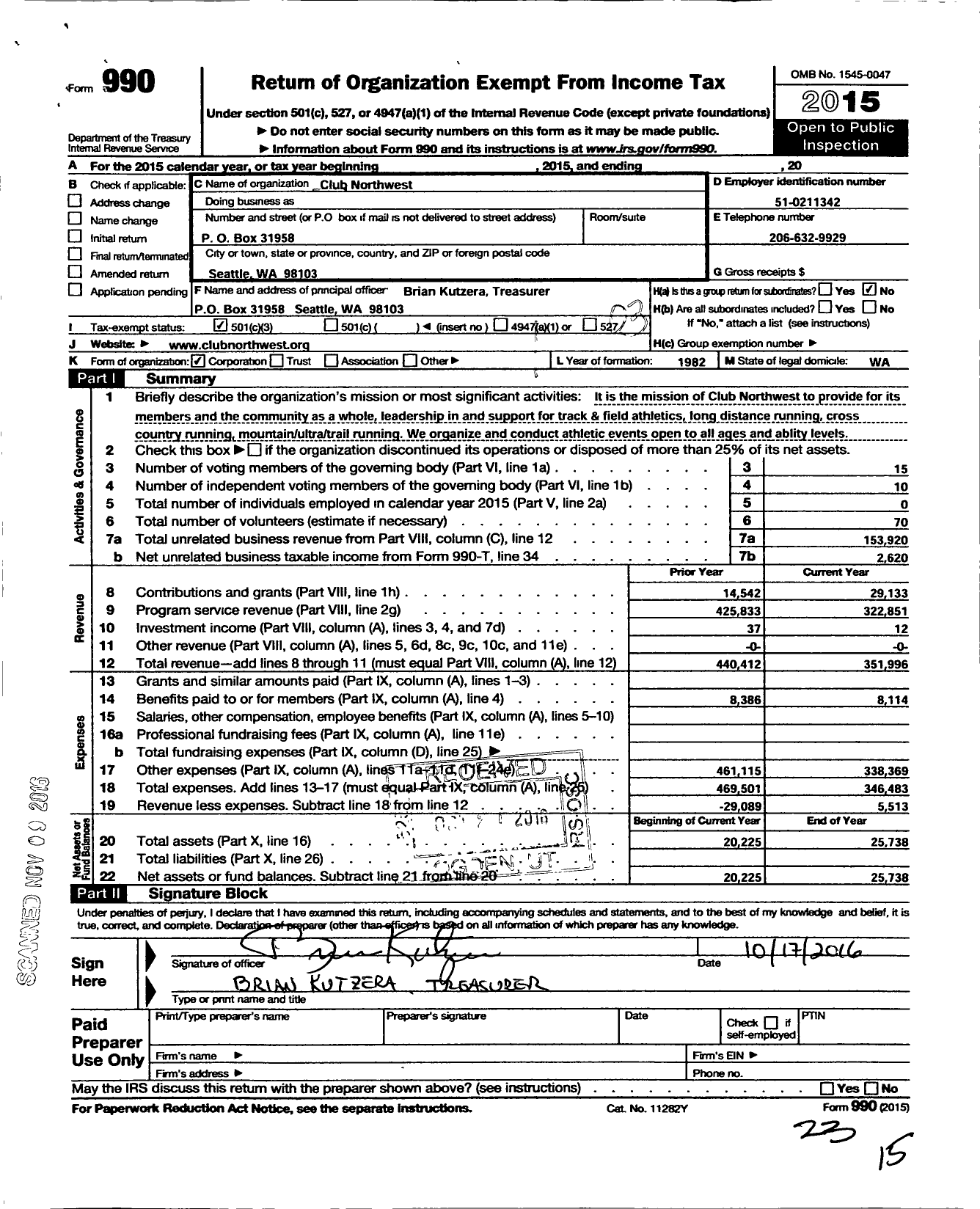 Image of first page of 2015 Form 990 for Club Northwest