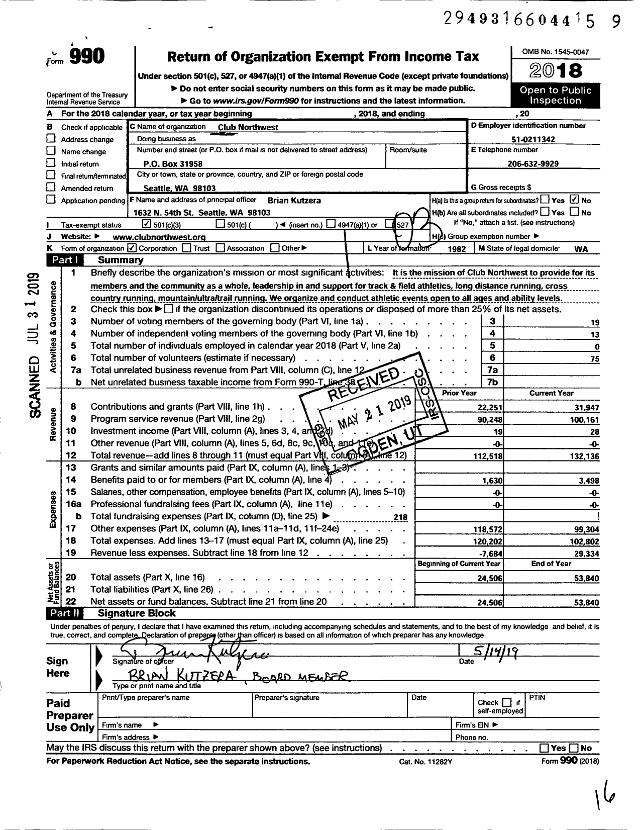 Image of first page of 2018 Form 990 for Club Northwest