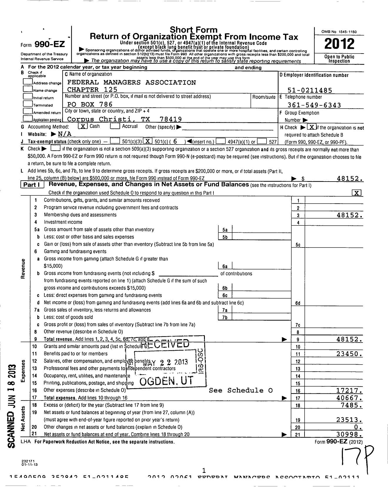 Image of first page of 2012 Form 990EO for Federal Managers Association - 125 Corpus Christi Army Depot Chapt