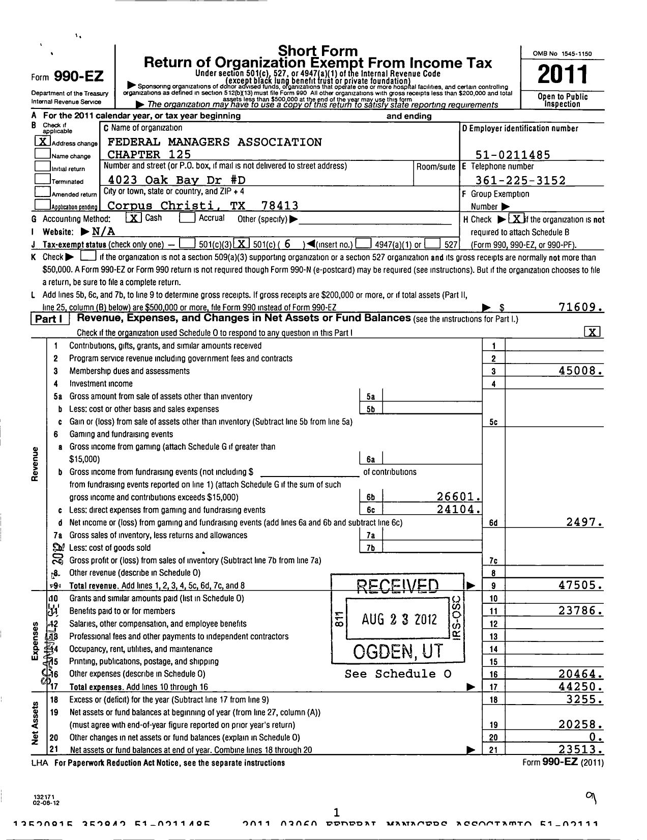 Image of first page of 2011 Form 990EO for Federal Managers Association - 125 Corpus Christi Army Depot Chapt