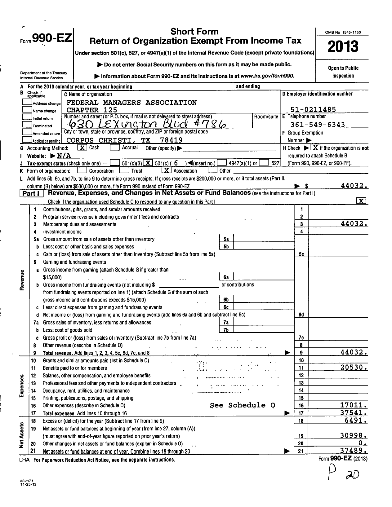 Image of first page of 2013 Form 990EO for Federal Managers Association - 125 Corpus Christi Army Depot Chapt