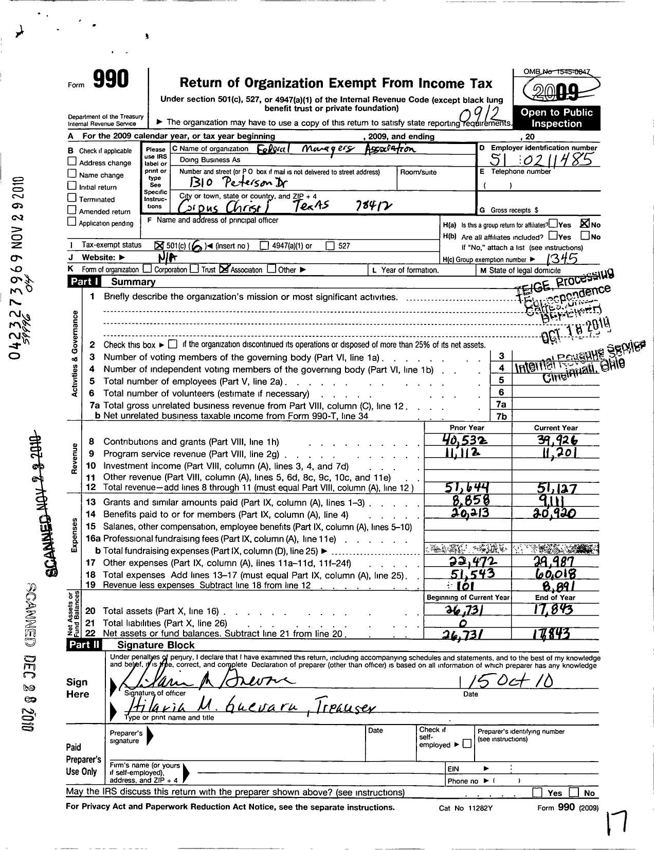 Image of first page of 2009 Form 990O for Federal Managers Association - 125 Corpus Christi Army Depot Chapt