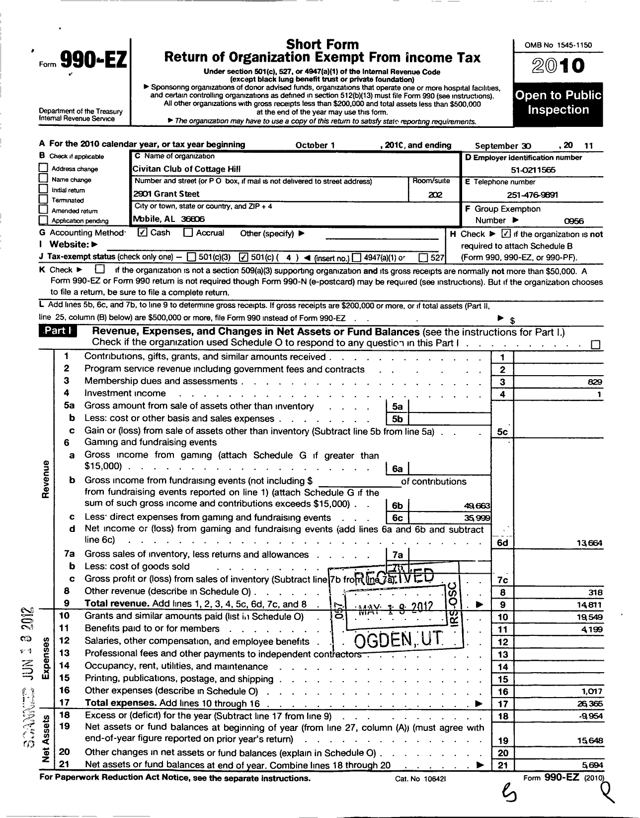 Image of first page of 2010 Form 990EO for Civitan International / Cottage Hill Mobile Al