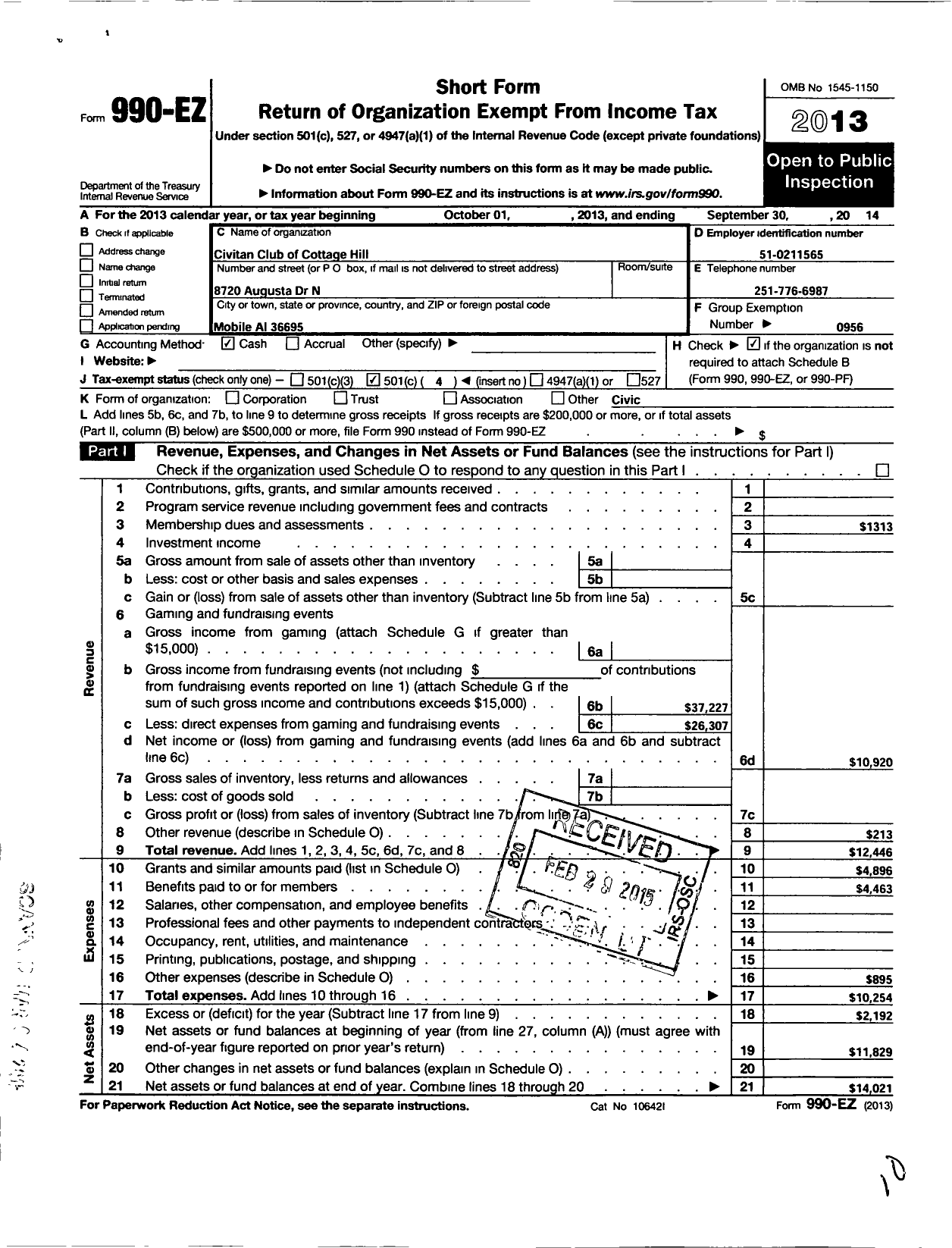 Image of first page of 2013 Form 990EO for Civitan International / Cottage Hill Mobile Al