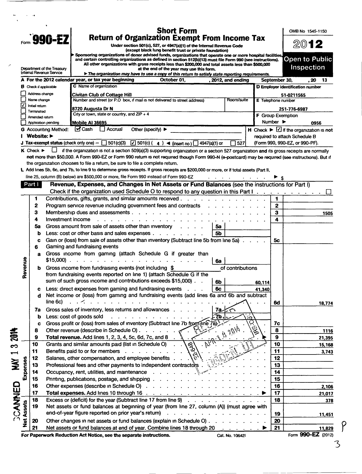 Image of first page of 2012 Form 990EO for Civitan International / Cottage Hill Mobile Al