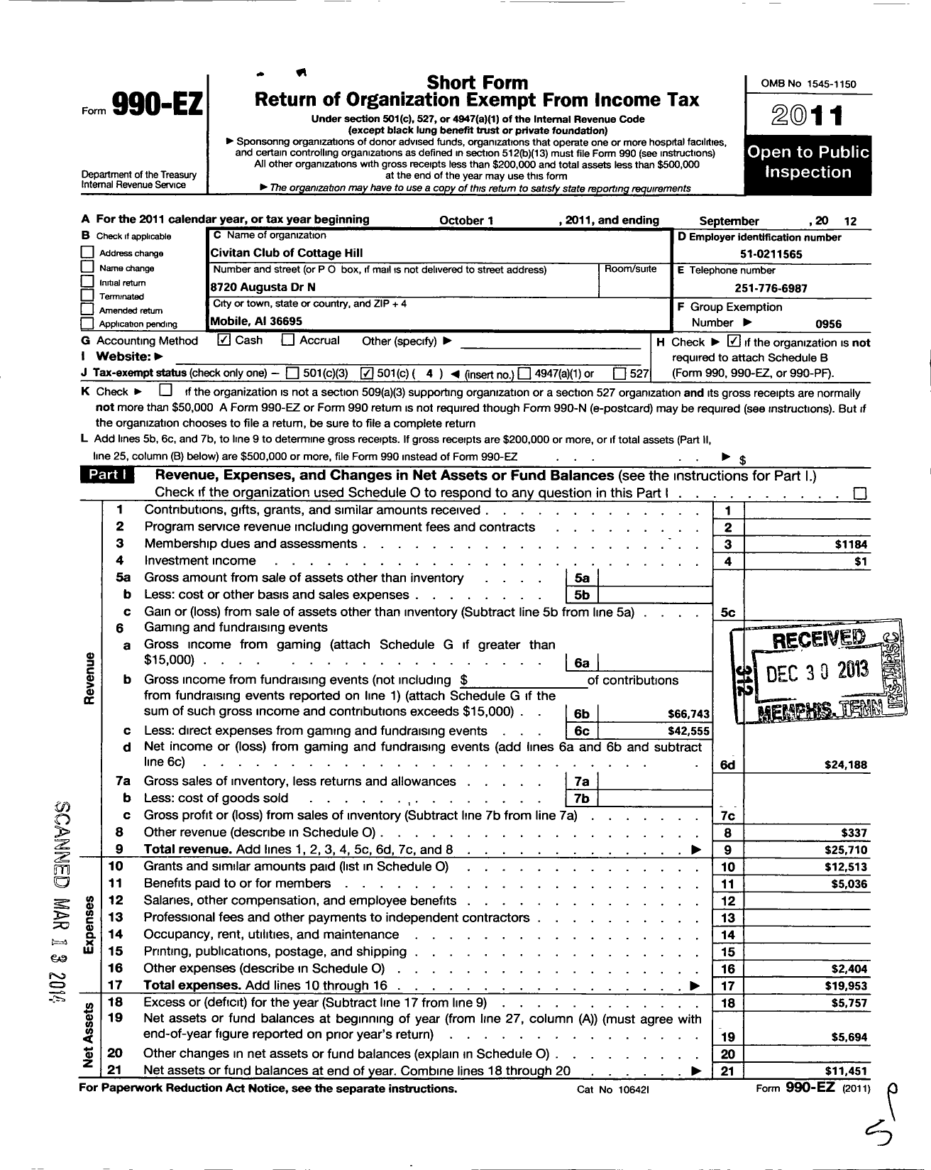 Image of first page of 2011 Form 990EO for Civitan International / Cottage Hill Mobile Al