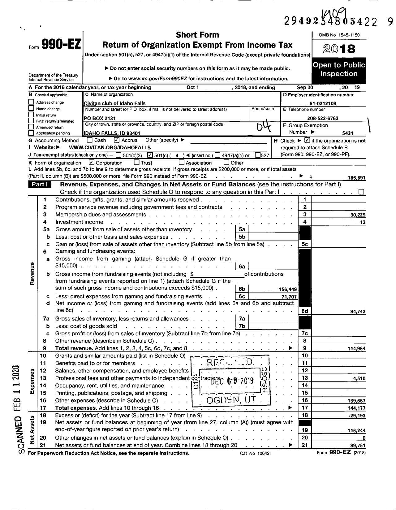 Image of first page of 2018 Form 990EO for CIVITAN INTERNATIONAL CIVITAN Club of Idaho Falls