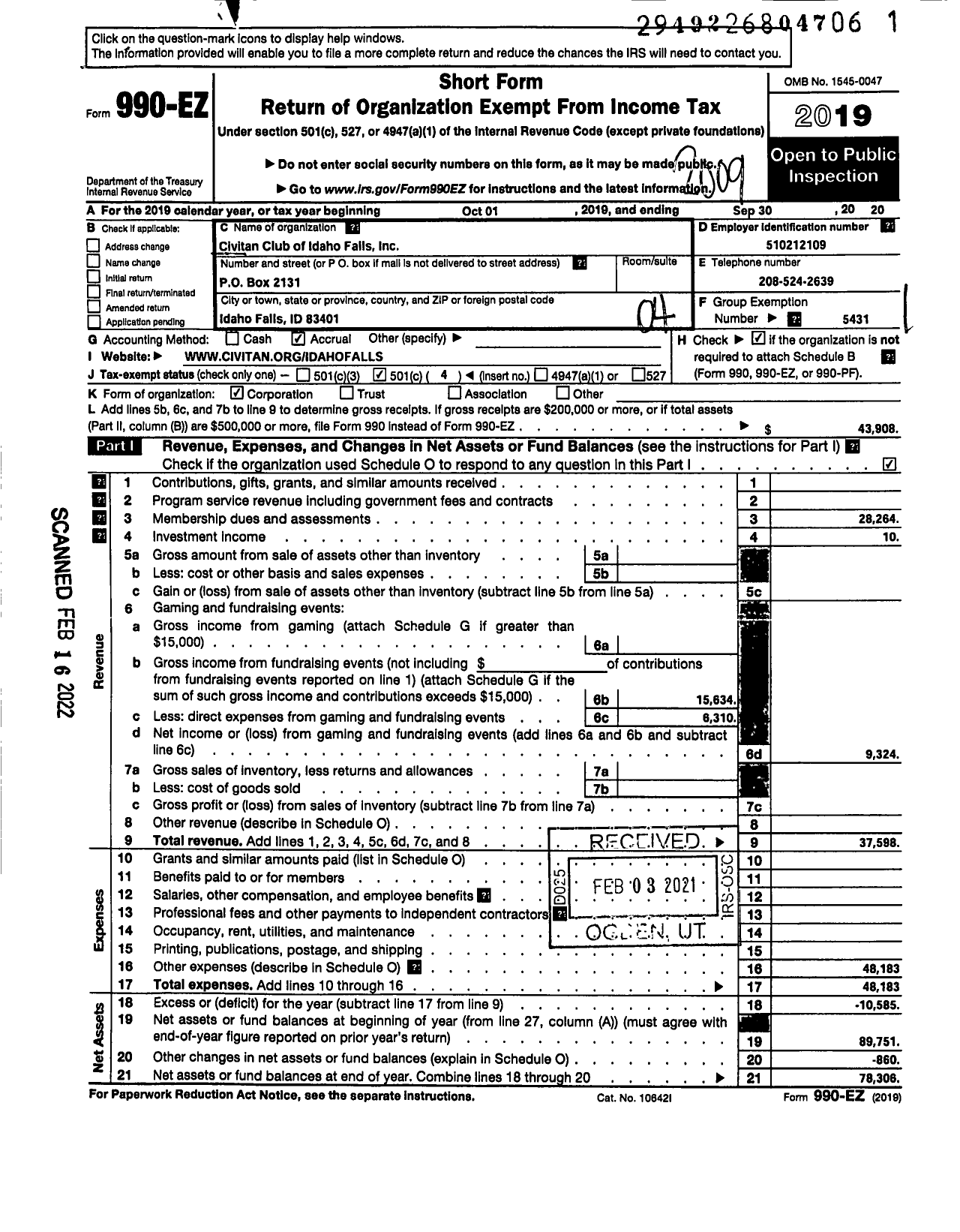 Image of first page of 2019 Form 990EO for CIVITAN INTERNATIONAL CIVITAN Club of Idaho Falls