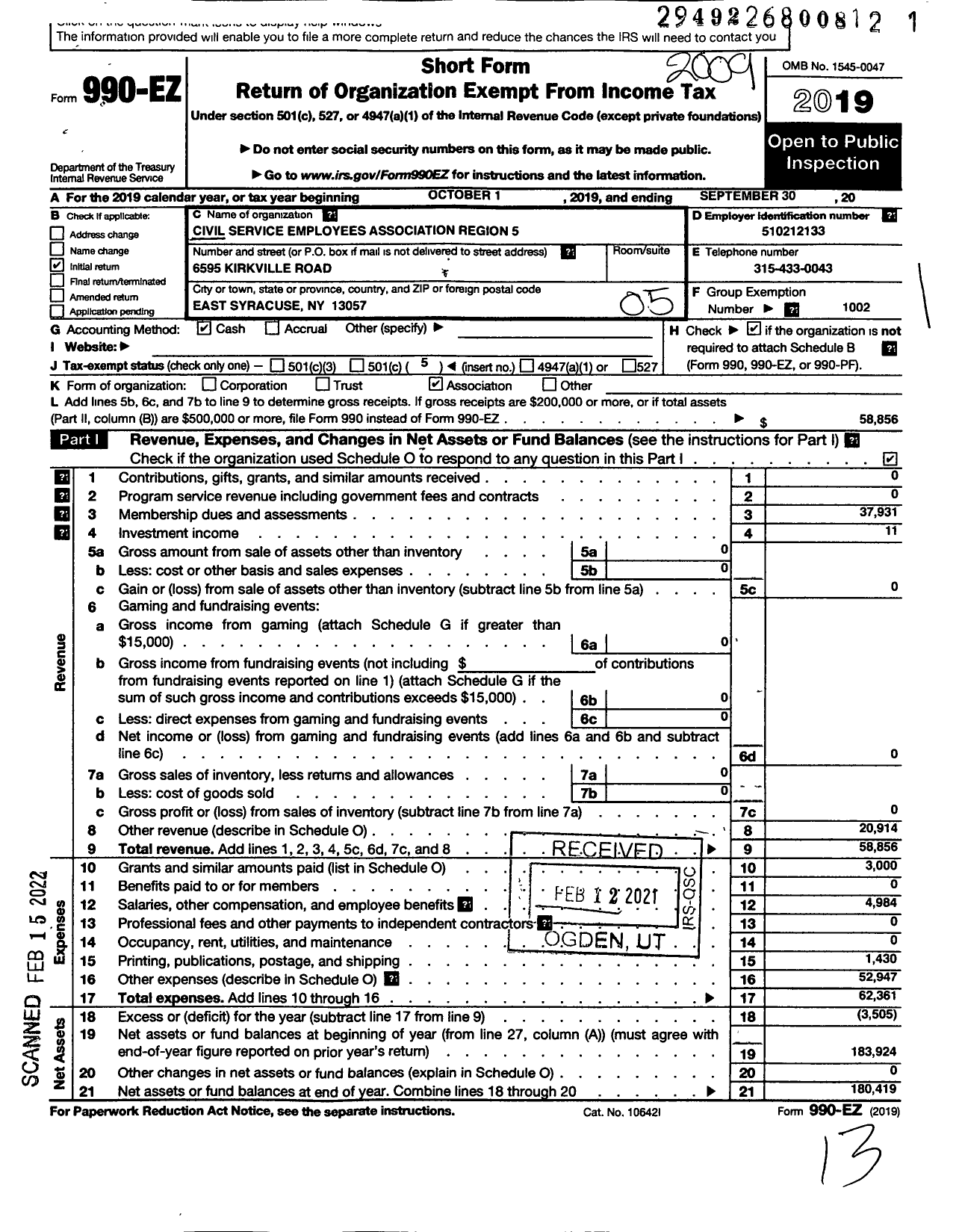 Image of first page of 2019 Form 990EO for Civil Service Employees Association - 1000 Region 5-central