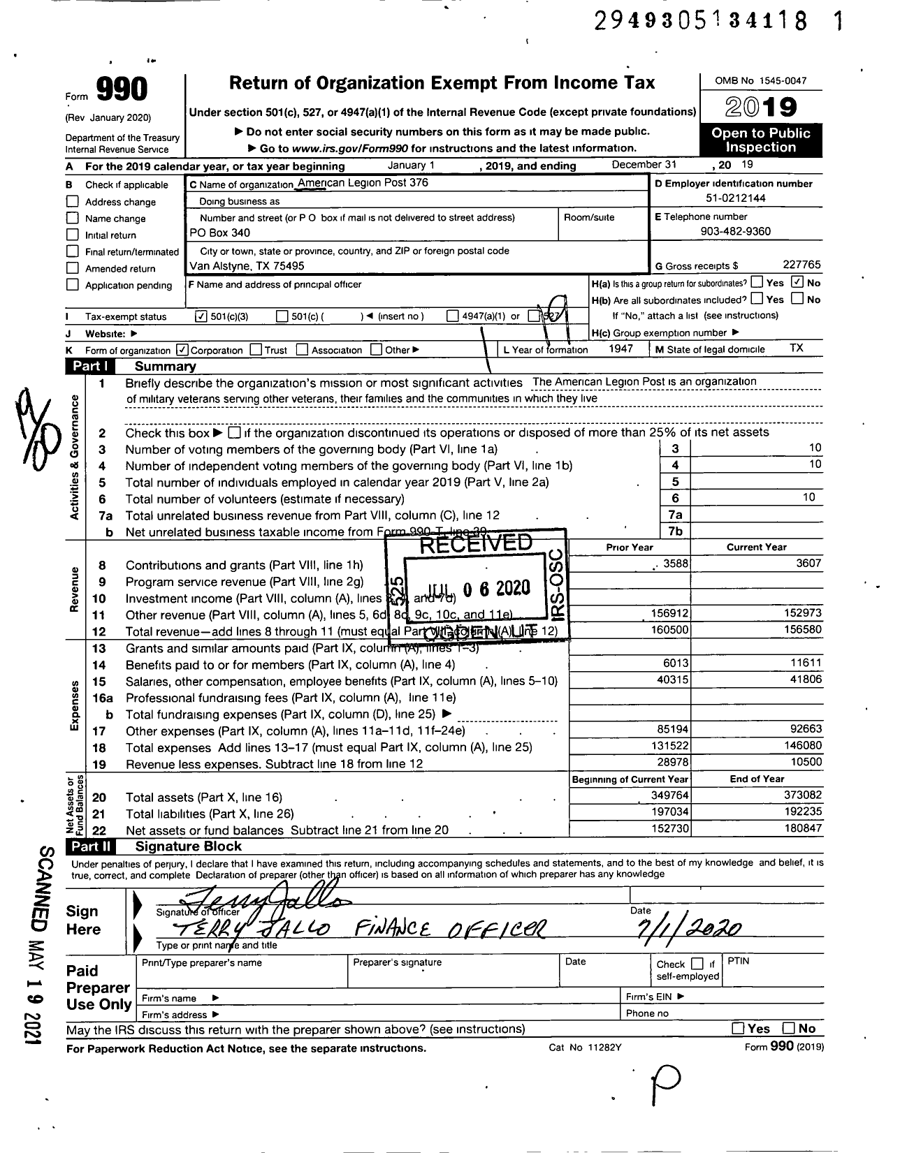 Image of first page of 2019 Form 990O for American Legion - American Legion Post 376