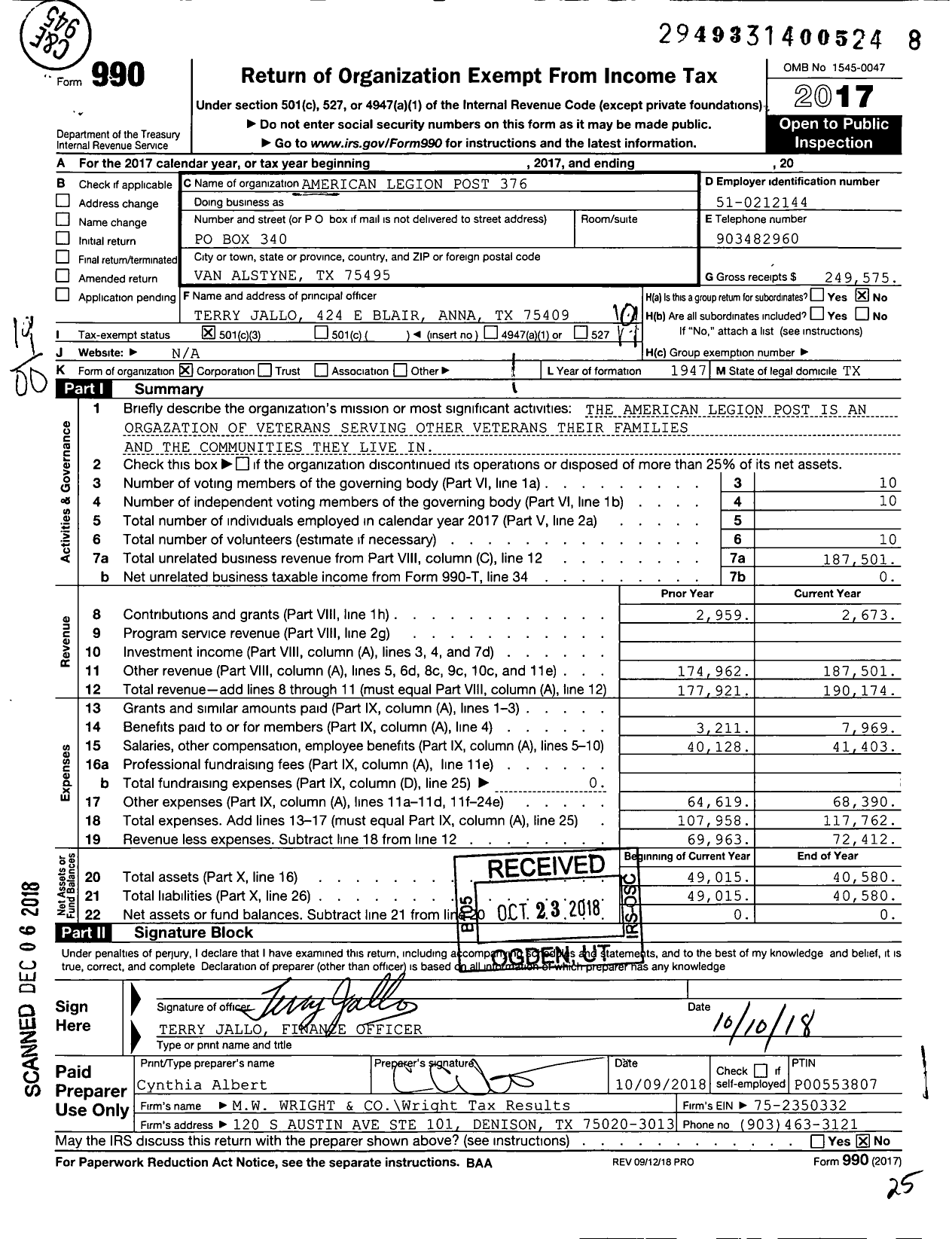 Image of first page of 2017 Form 990O for American Legion - American Legion Post 376