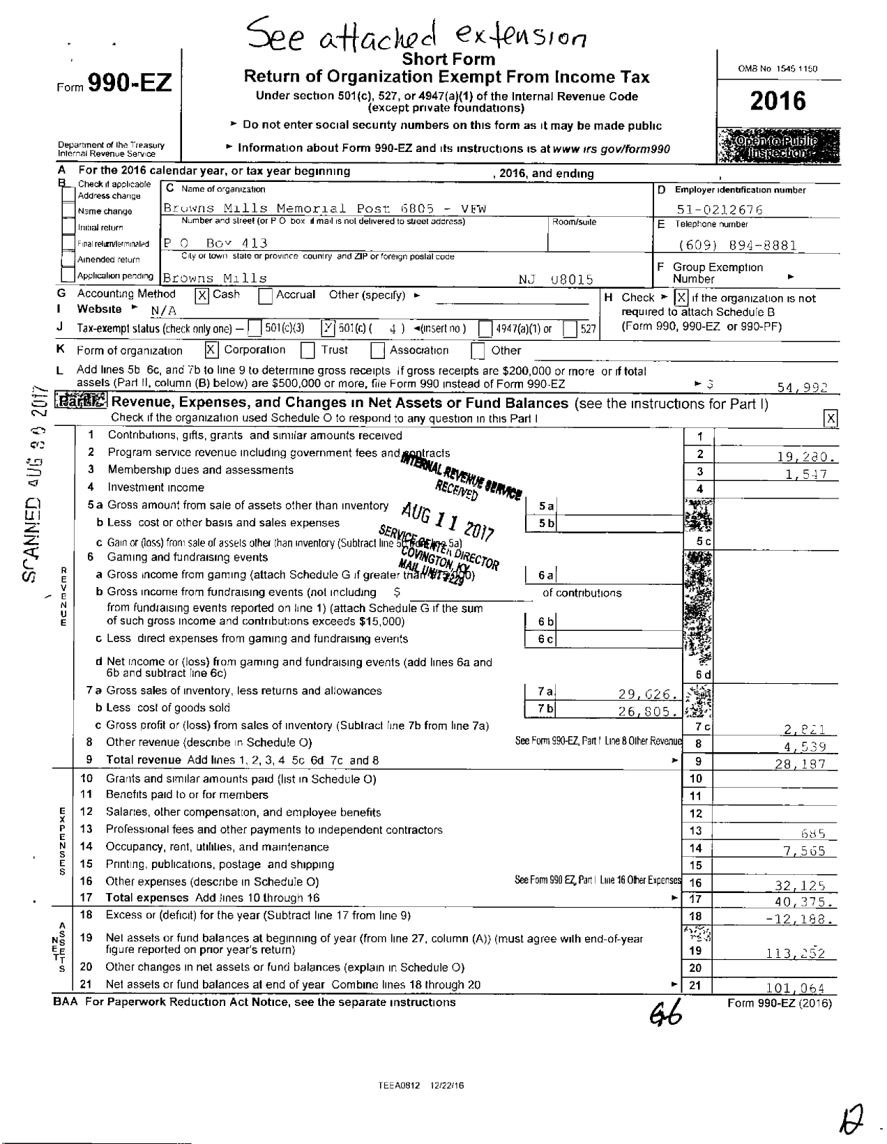 Image of first page of 2016 Form 990EO for Department of New Jersey VFW - 6805 Browns Mills Memorial Post