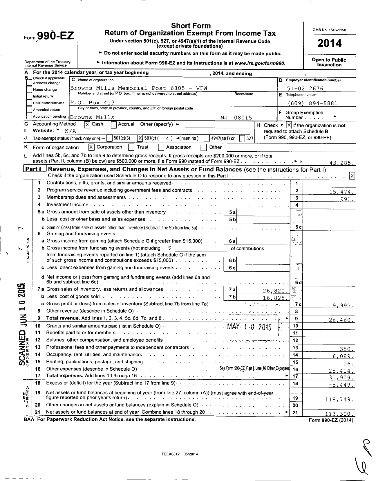 Image of first page of 2014 Form 990EO for Department of New Jersey VFW - 6805 Browns Mills Memorial Post