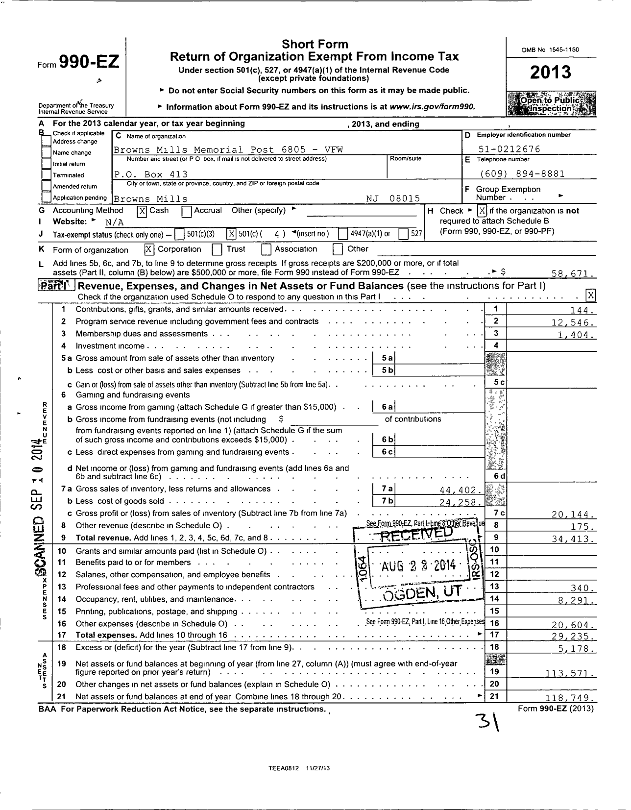 Image of first page of 2013 Form 990EO for Department of New Jersey VFW - 6805 Browns Mills Memorial Post