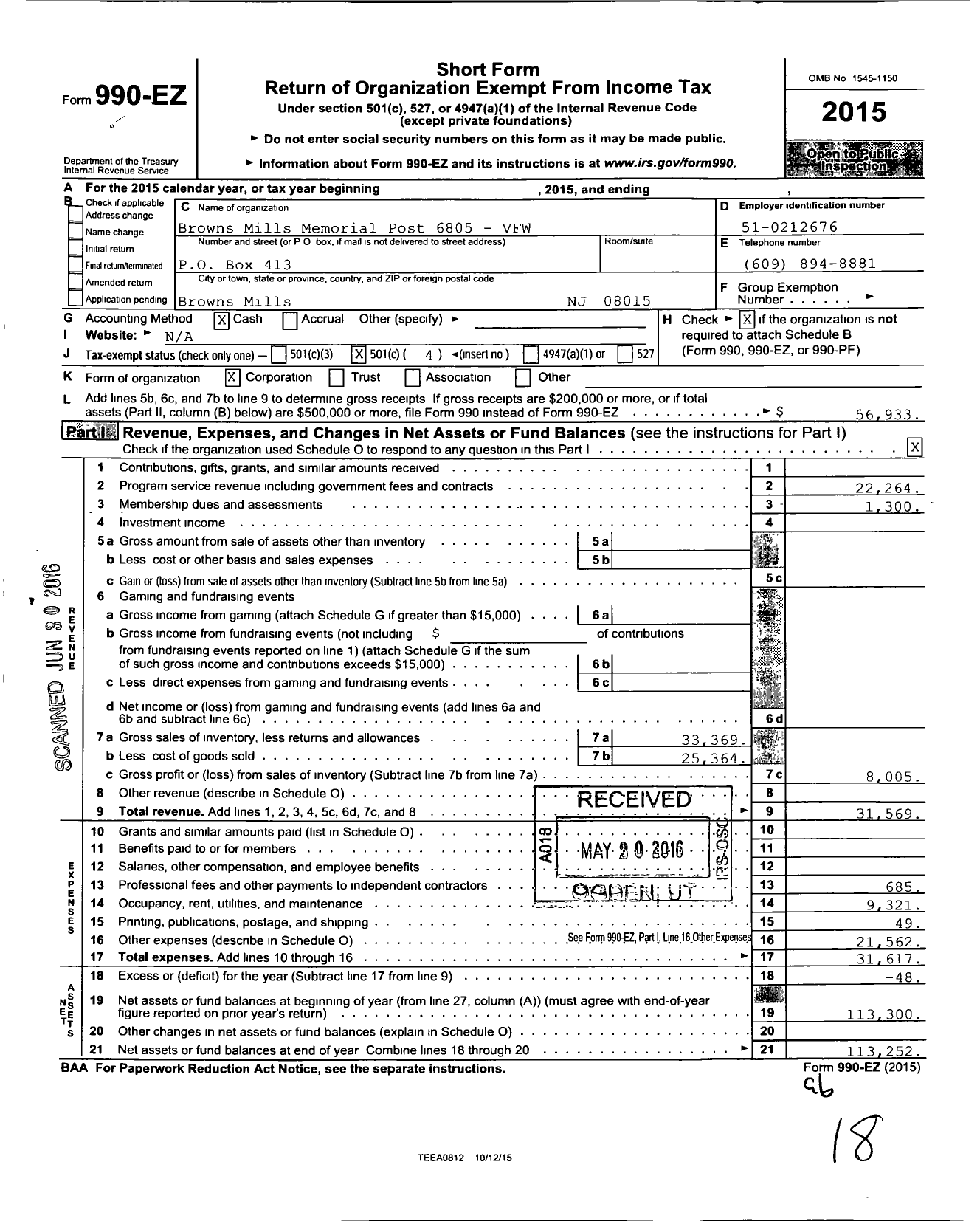 Image of first page of 2015 Form 990EO for Department of New Jersey VFW - 6805 Browns Mills Memorial Post