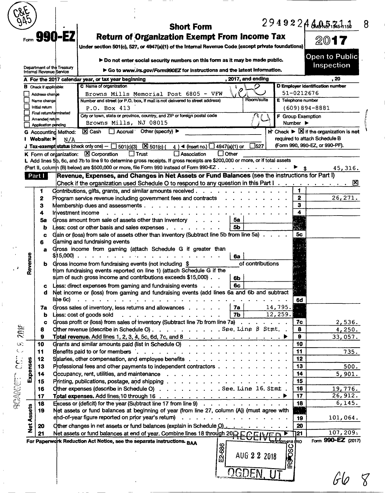 Image of first page of 2017 Form 990EO for Department of New Jersey VFW - 6805 Browns Mills Memorial Post