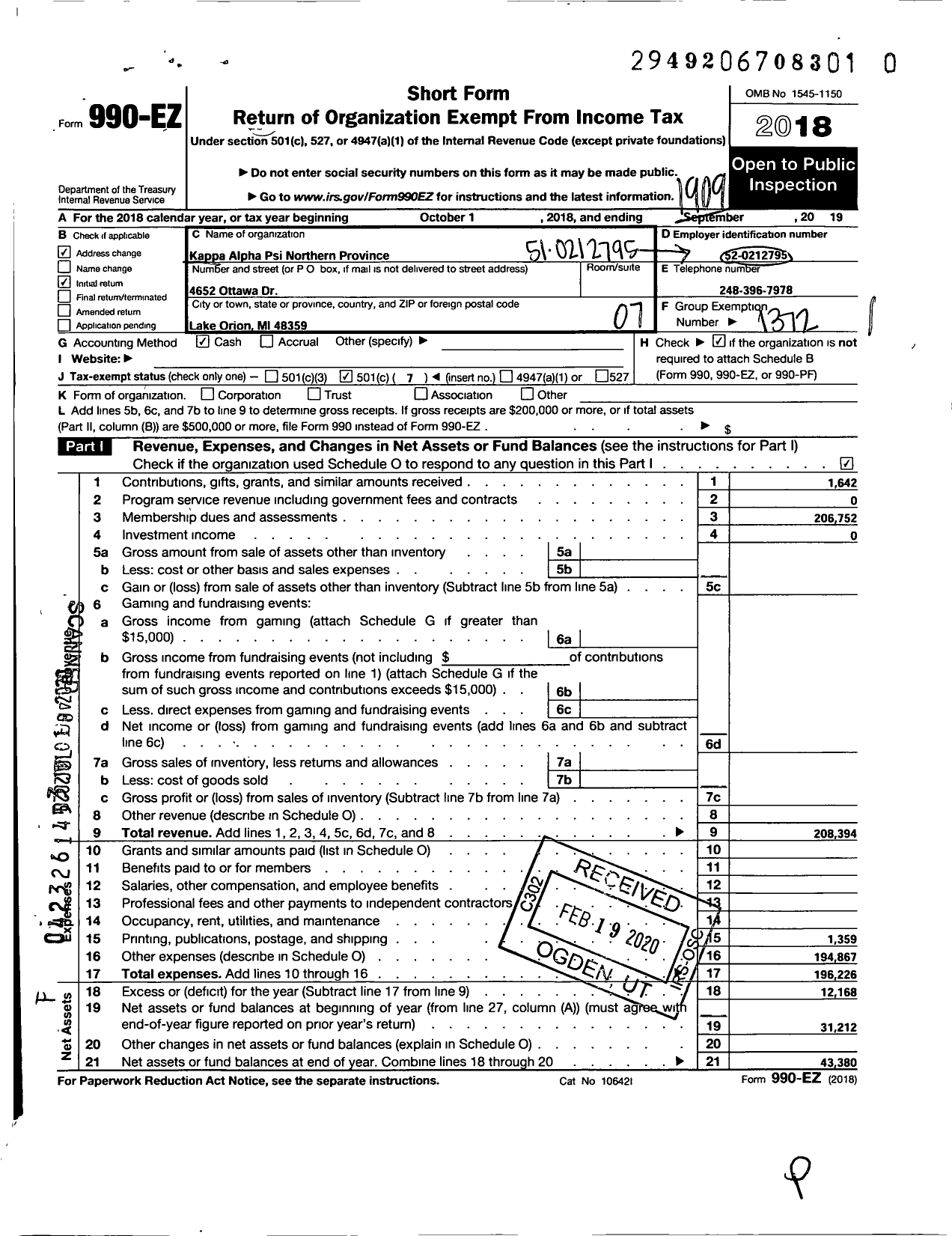 Image of first page of 2018 Form 990EO for Kappa Alpha Psi Fraternity / Northern Province