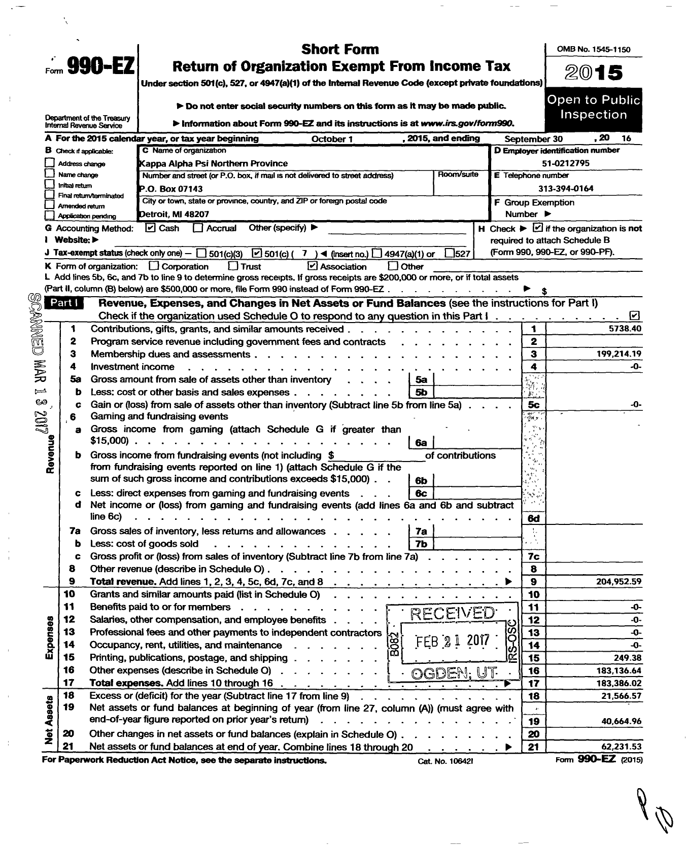 Image of first page of 2015 Form 990EO for Kappa Alpha Psi Fraternity / Northern Province