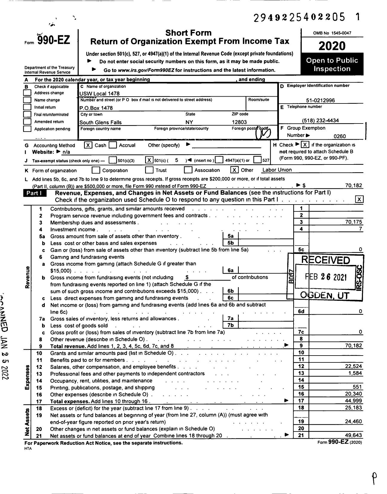 Image of first page of 2020 Form 990EO for United Steelworkers - 01478 Local