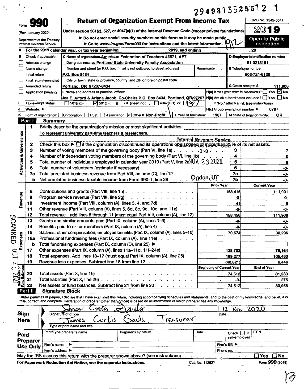 Image of first page of 2019 Form 990O for AMERICAN FEDERATION OF TEACHERS - 3571 Portland State Univ Aft