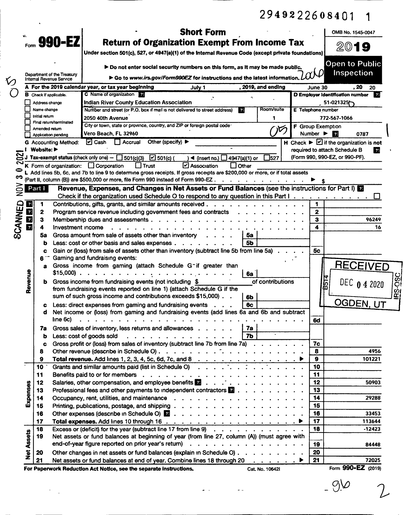 Image of first page of 2019 Form 990EO for American Federation of Teachers - 3617 Indian River County Education