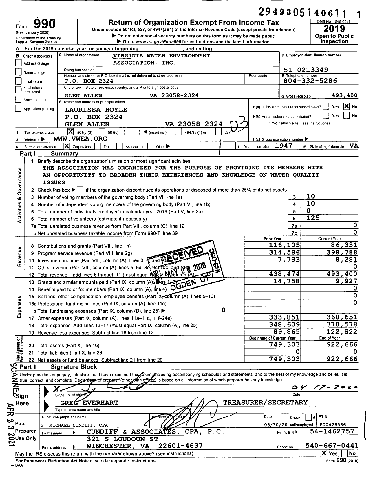 Image of first page of 2019 Form 990 for Virginia Water Environment Association