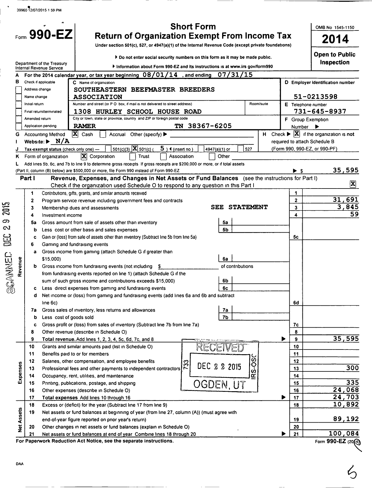 Image of first page of 2014 Form 990EO for Southeastern Beefmaster Breeders Association