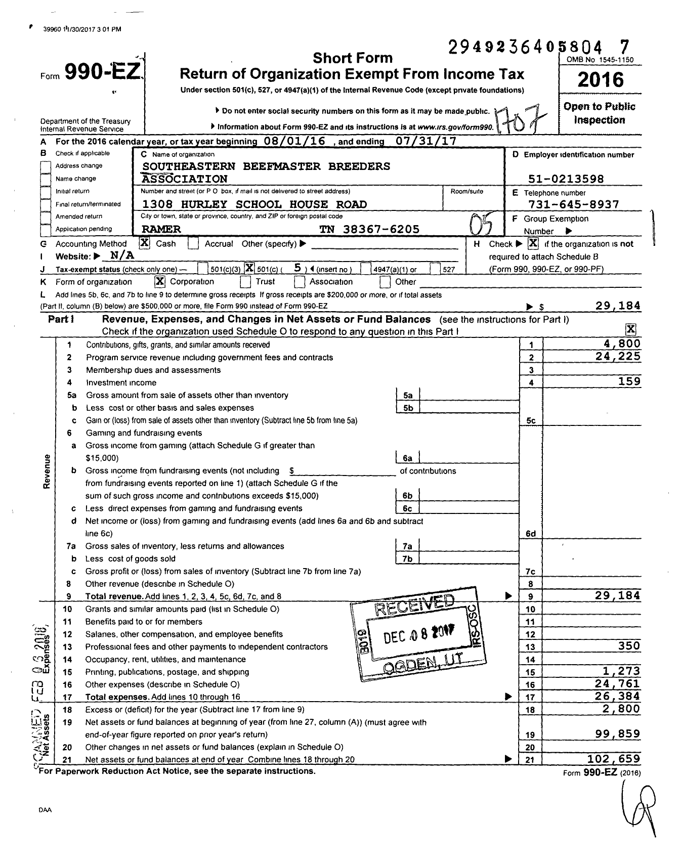 Image of first page of 2016 Form 990EO for Southeastern Beefmaster Breeders Association