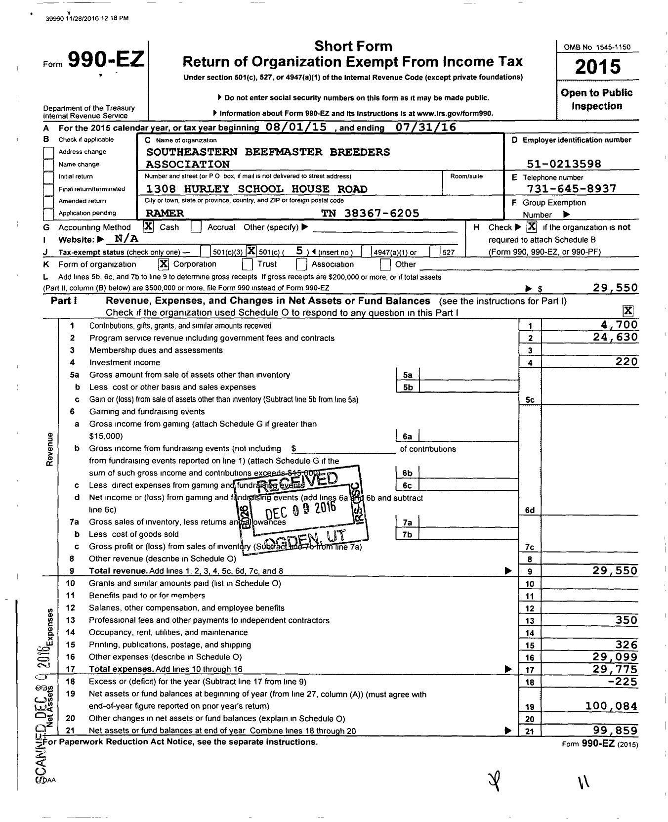 Image of first page of 2015 Form 990EO for Southeastern Beefmaster Breeders Association