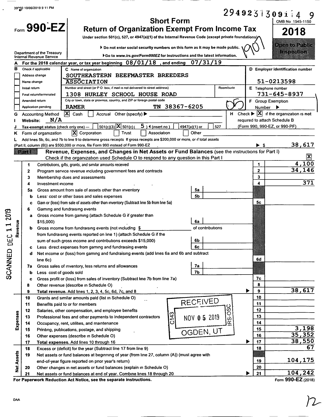 Image of first page of 2018 Form 990EO for Southeastern Beefmaster Breeders Association